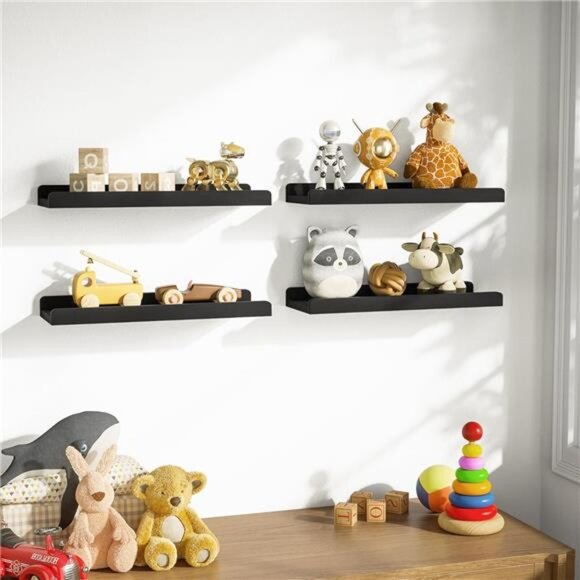 Black Floating Shelves for Wall Set of 4, Wood Wall Shelves with Lip,15.6 Inch - Picture 5 of 7